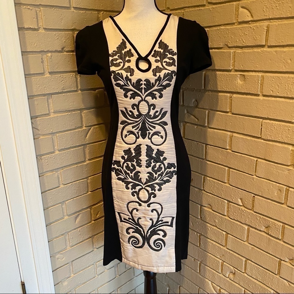 Yoana Baraschi Bodycon Stretch Embroidered  Silk Cocktail Dress Black Sz XS